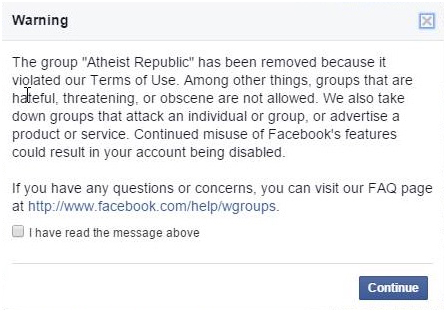 Atheist Republic Facebook Warning